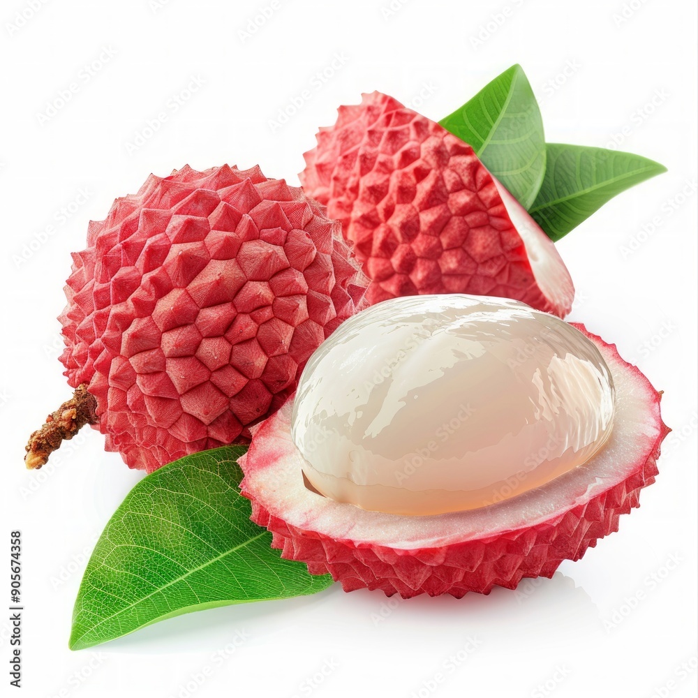 Medium shot of whole Lychee near the sliced piece of Lychee, isolated on a white background 