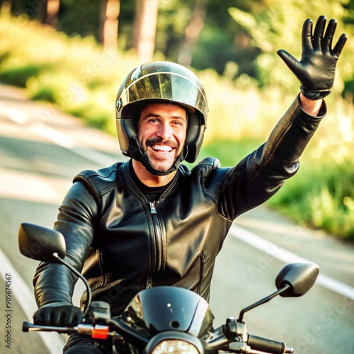 a happy man on a motorcycle, wearing black gear and a helmet, riding down the road, with his hand up in the air.