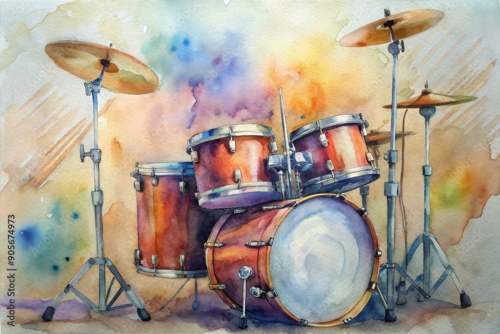 A watercolor symphony of drums and cymbals in a jazz club A watercolor symphony of drums and cymbals in a jazz club