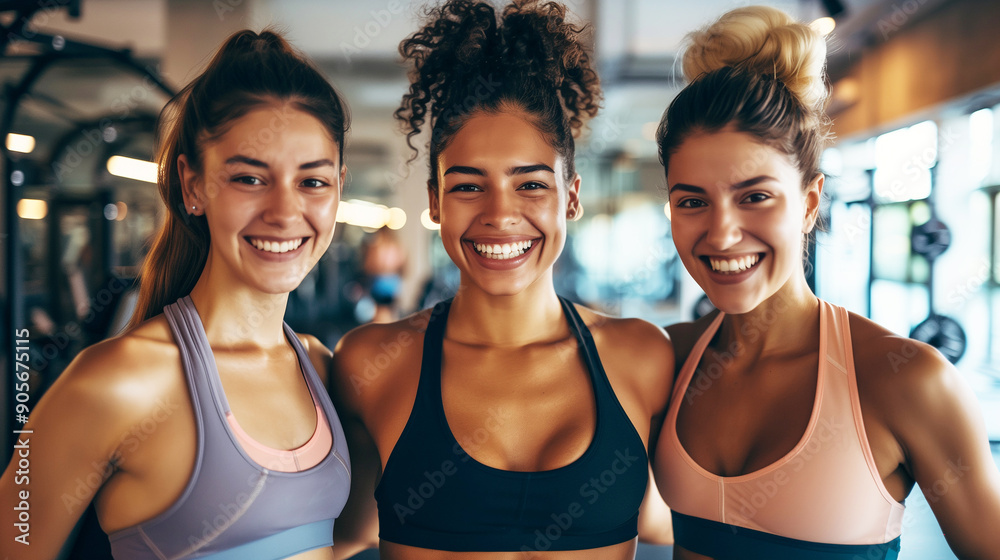 Three smiling women in athletic wear standing in a gym, showcasing friendship and fitness. Three smiling women in athletic wear standing in a gym, showcasing friendship and fitness.
