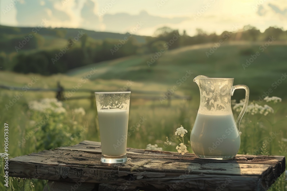 Milk in Glass and Pitcher on Wooden Table in Meadow Milk in Glass and Pitcher on Wooden Table in Meadow