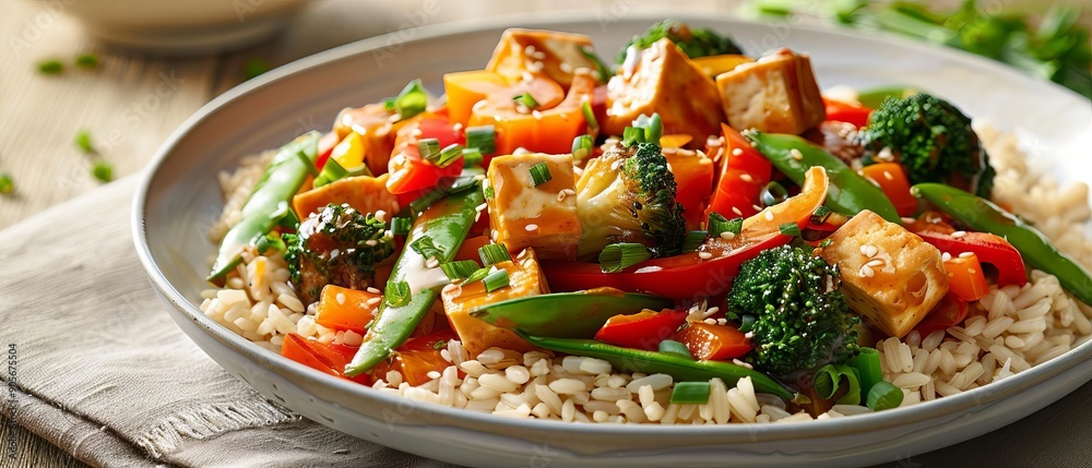 A vibrant vegetable stir-fry with bell peppers, broccoli, snap peas, and tofu cubes, served over a bed of brown rice, high detail A vibrant vegetable stir-fry with bell peppers, broccoli, snap peas, and tofu cubes, served over a bed of brown rice, high detail