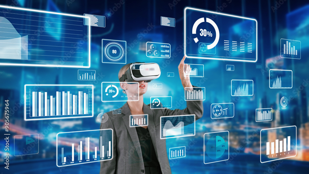 custom made wallpaper toronto digitalWoman selecting big data dynamic market percentage analysis graph by VR future global innovation interface digital infographic network technology visual hologram animation at server room. Contraption.