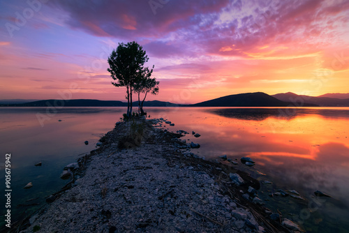 sunset over the beautiful lake orestias in Greece  photo