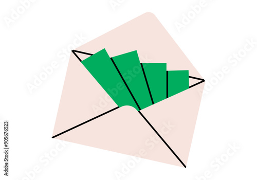 Hand drawn cute cartoon illustration of envelope with banknotes. Flat vector money currency salary sticker in colored doodle style. Bribe payment icon or print. Corruption or graft crime. Isolated.