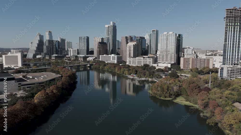 Austin City over Colorado River on sunny summer day. Cinematic Aerial Drone Video. Financial District Austin, Texas, USA Austin City over Colorado River on sunny summer day. Cinematic Aerial Drone Video. Financial District Austin, Texas, USA