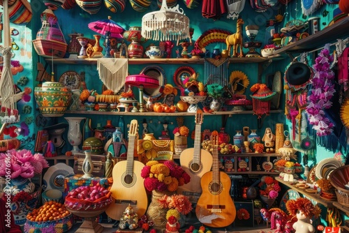 Colorful and Vibrant Mexican Market Stall with Guitars