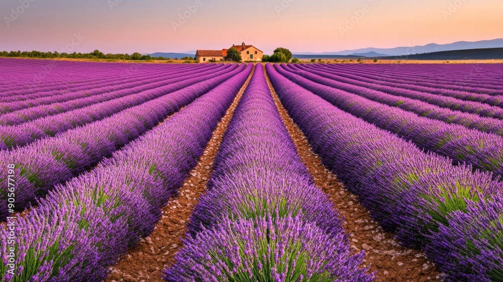 Obraz premium A picturesque lavender field with rows of blooming lavender, a clear sky, and a distant farmhouse, ultra HD