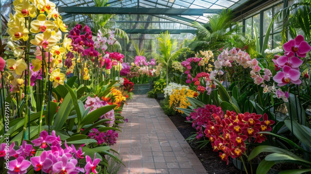 A tropical conservatory showcases a vibrant array of orchids in various colors lining a cobblestone pathway under a glass roof. A tropical conservatory showcases a vibrant array of orchids in various colors lining a cobblestone pathway under a glass roof.