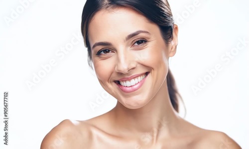 Portrait of a beautiful young woman smiling at the camera on a white background