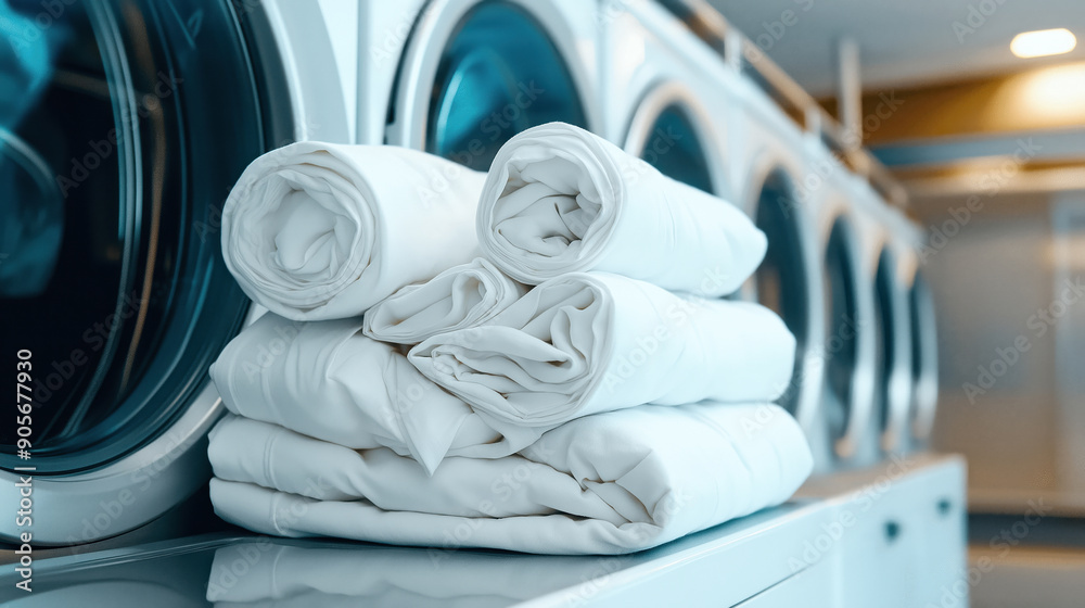 A stack of folded white laundry placed in front of washing machines inside a laundromat. A stack of folded white laundry placed in front of washing machines inside a laundromat.
