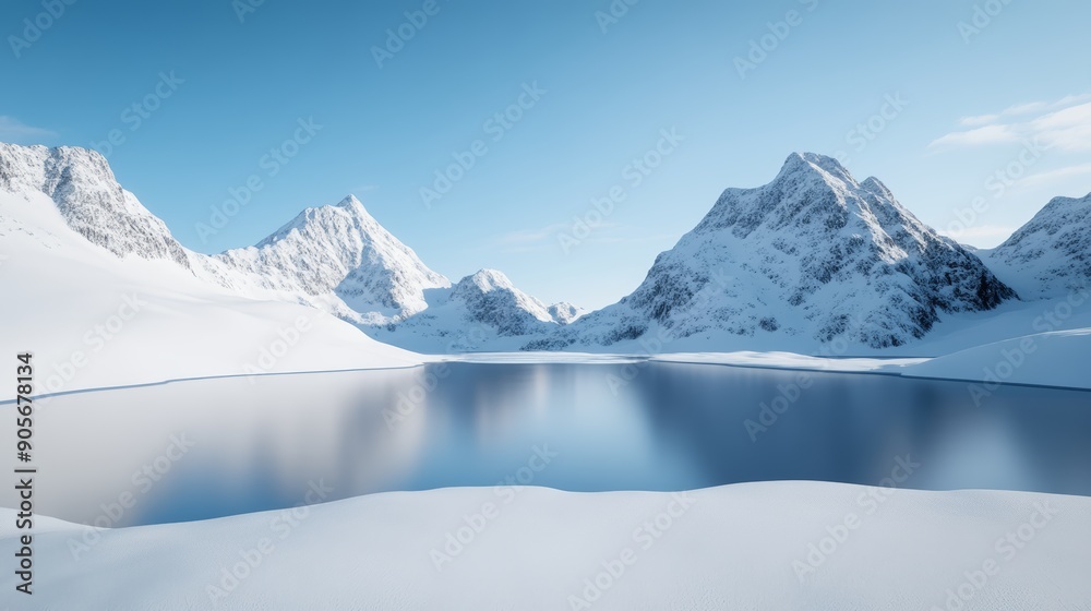 Obraz premium A snowy mountain range with jagged peaks, a frozen lake, and a clear, crisp winter sky, ultra HD