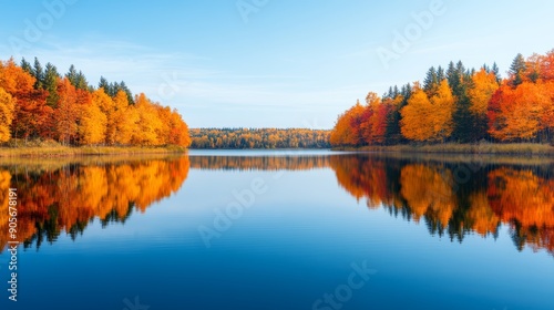 A peaceful lake surrounded by autumn foliage, with reflections of colorful trees in the water, ultra HD