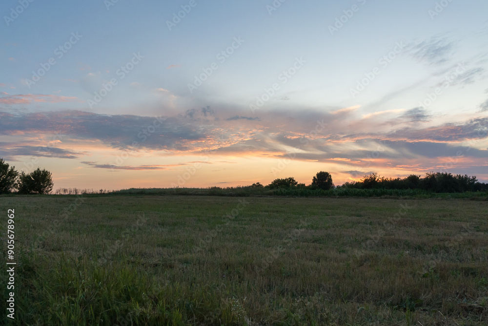 Pink sunset in the sky and green meadow, natural background. Pink sunset in the sky and green meadow, natural background.