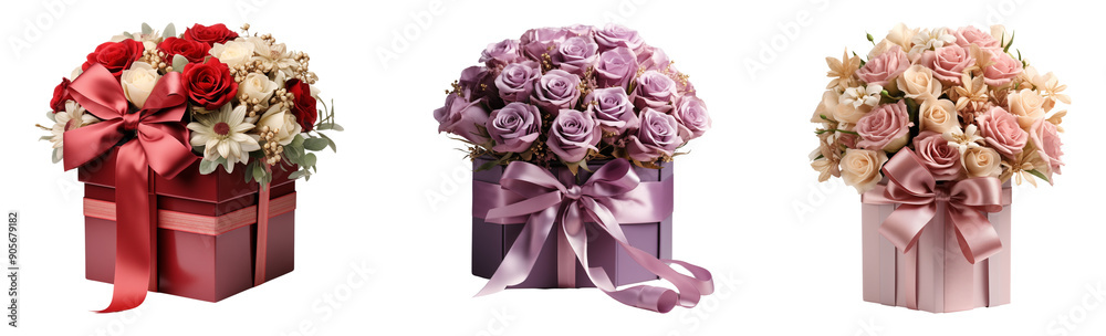 Set of flower bouquet box gift. Exotic floral arrangement. Isolated on a transparent background.	