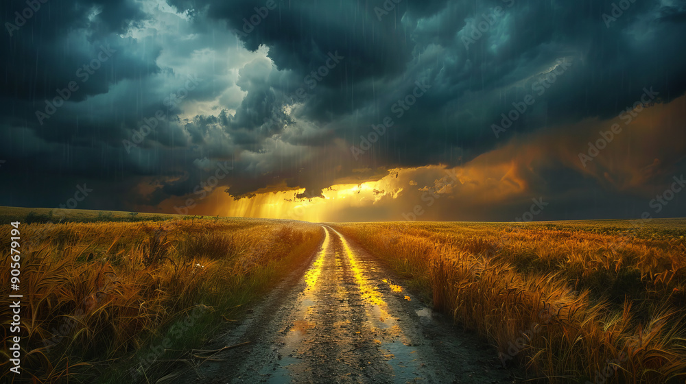 Road through golden field under stormy sky dramatic and moody Road through golden field under stormy sky dramatic and moody