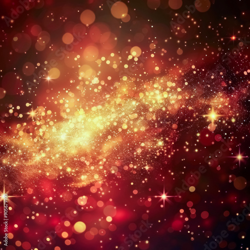 Red and golden Christmas Background with Golden glitter or bokeh lights