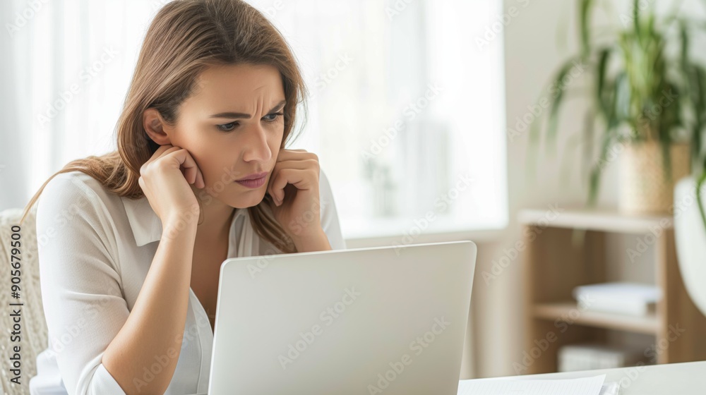 A frustrated business woman working on her computer in her home office A frustrated business woman working on her computer in her home office