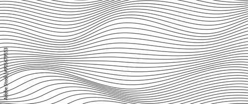 Wave lines abstract background, black thin wavy stripes with movement optical effect. Minimalistic drawing, graphic curves flow. Modern vector illustration isolated on white.