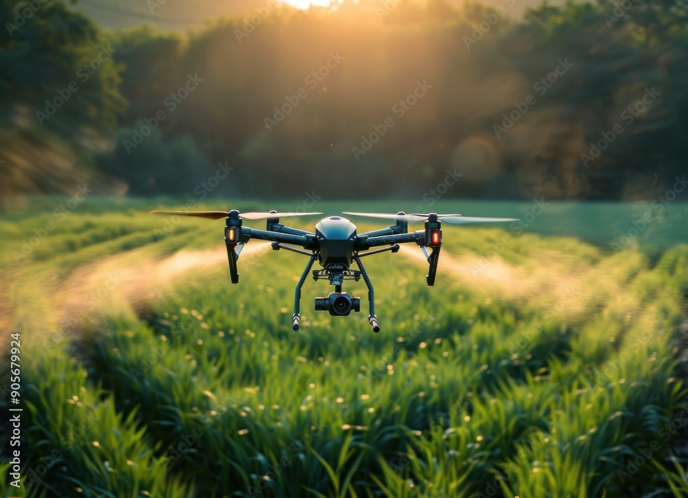 Drone Spraying in a Field at Sunset Drone Spraying in a Field at Sunset