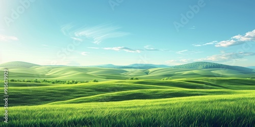 Dawn Landscape of Lush Green Fields and Hills Under a Bright Blue Sky, an Idyllic Illustration of Nature's Morning Serenity