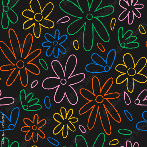 Cute seamless pattern with colorful crayon daisy flowers. Vector outline background with charcoal floral doodles