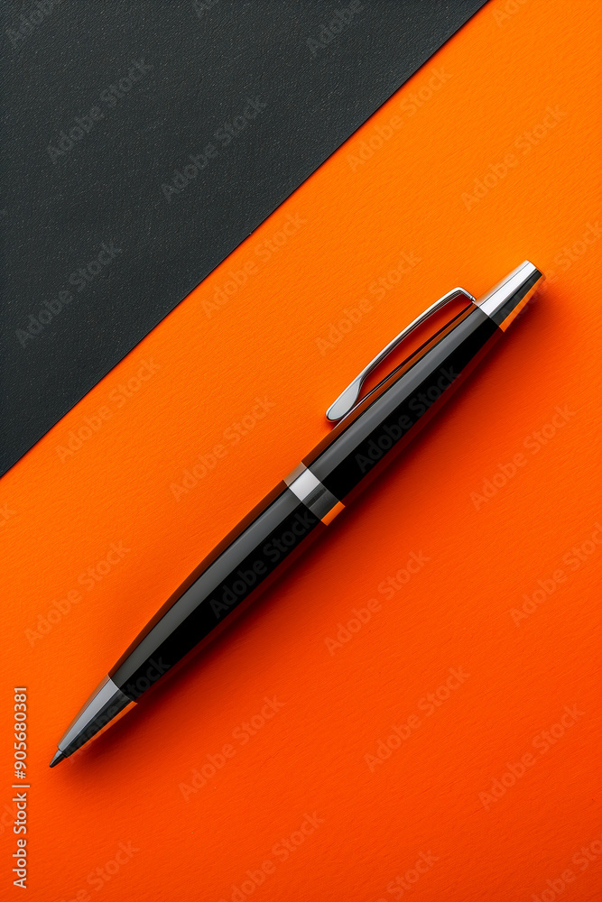 A black pen is sitting on a table with an orange background A black pen is sitting on a table with an orange background