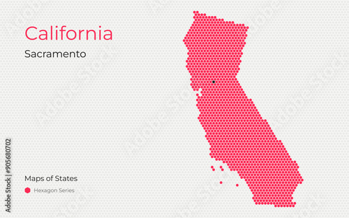 California Map with a capital of Sacramento Shown in a Hexagon Pattern. Silicon valley. United States vector maps.