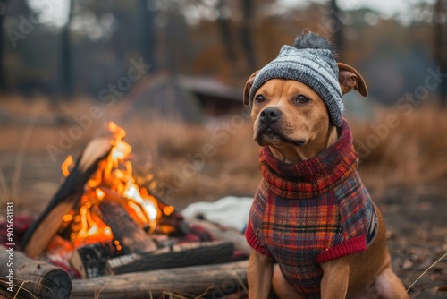 Chilly Dog Portrait: Staffordshire Terrier in Lumberjack Hat at Campfire in Autumn Adventure