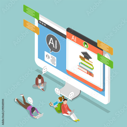 3D Isometric Flat Vector Illustration of AI Helper Bot Education, Students Engaging in E-Learning with Education Assistant