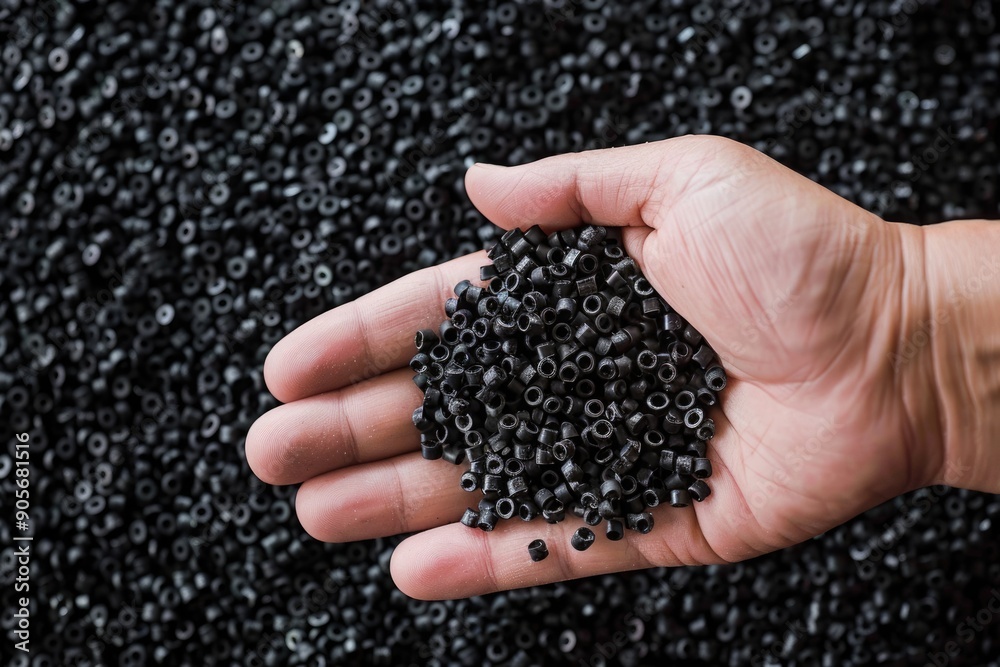Black Pellets. Plastic Granules in Hand for Polymer Production Black Pellets. Plastic Granules in Hand for Polymer Production