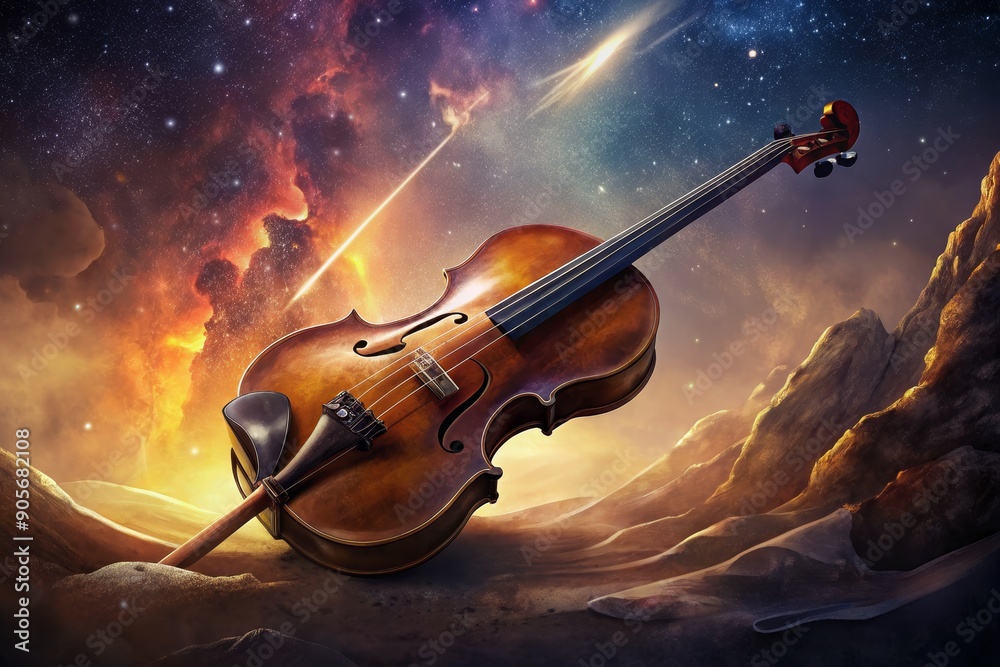 Fototapeta premium A violin rests beneath a starry sky, a cosmic symphony in the making