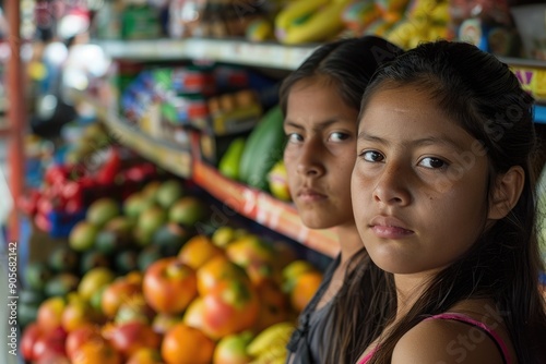 Mexican Grocery. Portrait of Two Indigenous Girls in a Central American Market