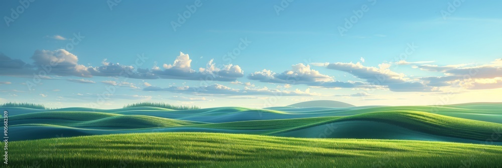 Obraz premium Dawn Landscape of Lush Green Fields and Hills Under a Bright Blue Sky, an Idyllic Illustration of Nature's Morning Serenity