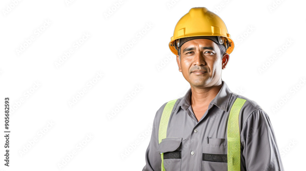 Portrait of a smiling and satisfied engineer wearing protective workwear on transparent background. Portrait of a smiling and satisfied engineer wearing protective workwear on transparent background.