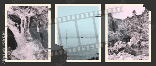 Retro elements to create for a halftone collage. Torn nature photos of the sea, waterfall, mountains. Vector.