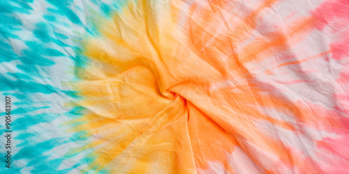 A close-up of tie-dye fabric with a radial pattern of blue, yellow, orange, and pink colours. The centre of the pattern creates a sun-like effect with swirling, blended hues, generative AI