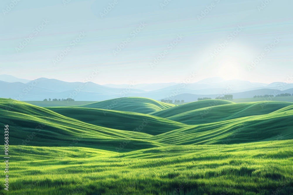 Obraz premium Dawn Landscape of Lush Green Fields and Hills Under a Bright Blue Sky, an Idyllic Illustration of Nature's Morning Serenity