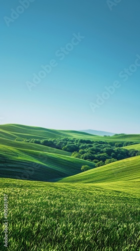 Dawn Landscape of Lush Green Fields and Hills Under a Bright Blue Sky, an Idyllic Illustration of Nature's Morning Serenity