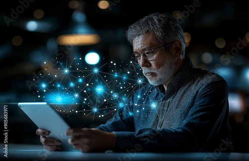 Hands Holding a Tablet Displaying a Network of Secure Digital Connections photo