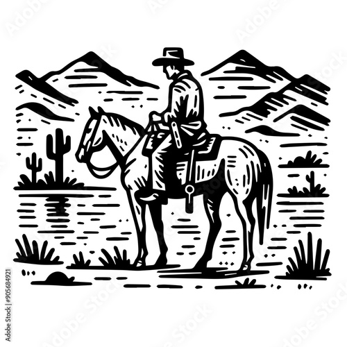 Cowboy on the Road in a Desert Landscape Scene