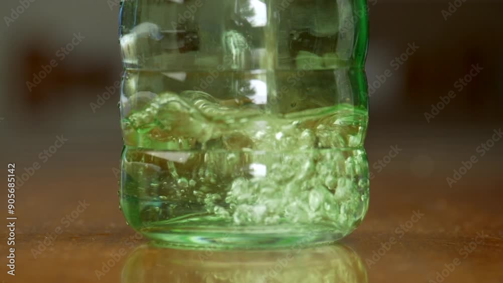 Close up filling the green bottle of fresh water. Slow motion 4K Close up filling the green bottle of fresh water. Slow motion 4K