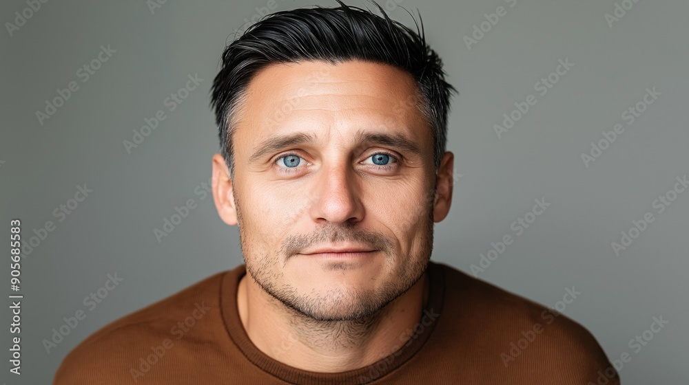 Fototapeta premium Portrait of a man with blue eyes and black hair against a plain background, ideal for ID card usage.