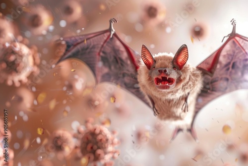 Coronavirus Bat. Flying Bat with Simulated Epidemic Virus in Asia