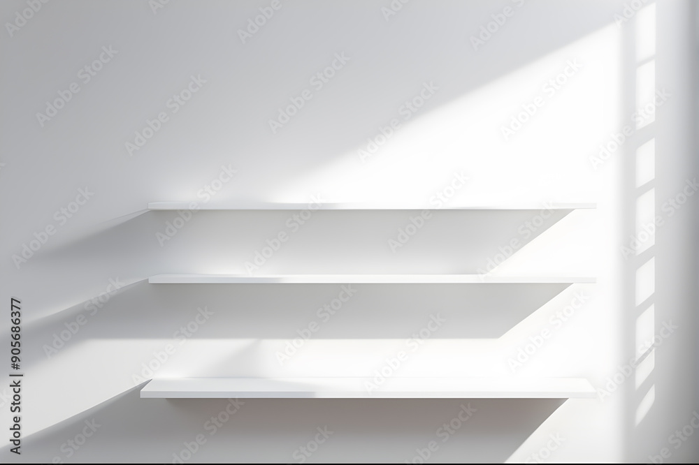Empty white shelf with shadow on white wall. Empty white shelf with shadow on white wall.
