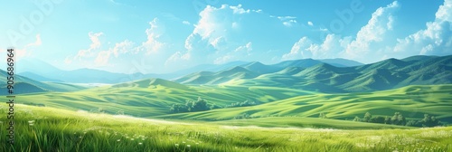 Idyllic Green Field and Hill Landscape Illustration Under a Bright Blue Sky, Evoking Serenity and Natural Beauty. © liang