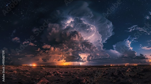 Thunderstorm with lightning under a dark sky photo