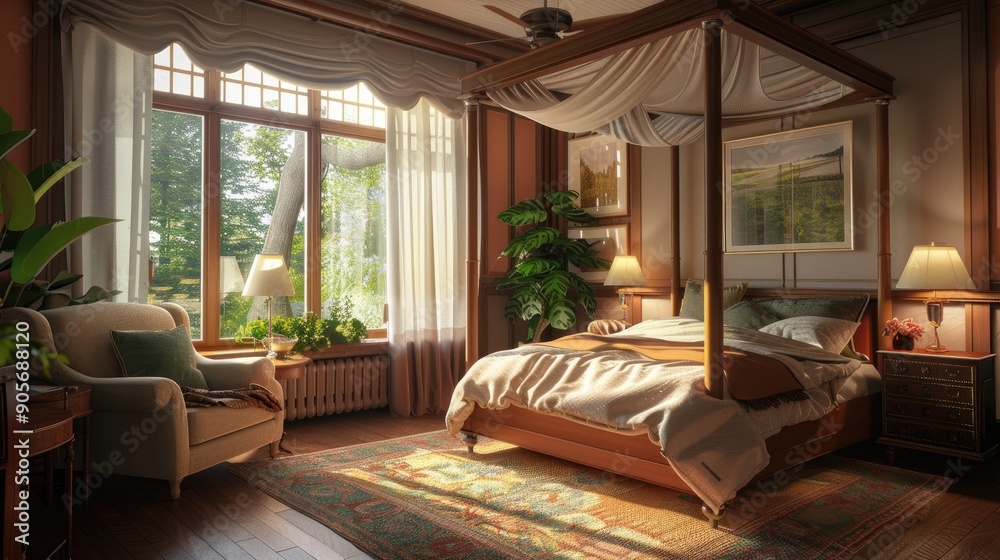 A cozy suburban bedroom with a canopy bed, a cozy armchair, and a large bay window. A cozy suburban bedroom with a canopy bed, a cozy armchair, and a large bay window.