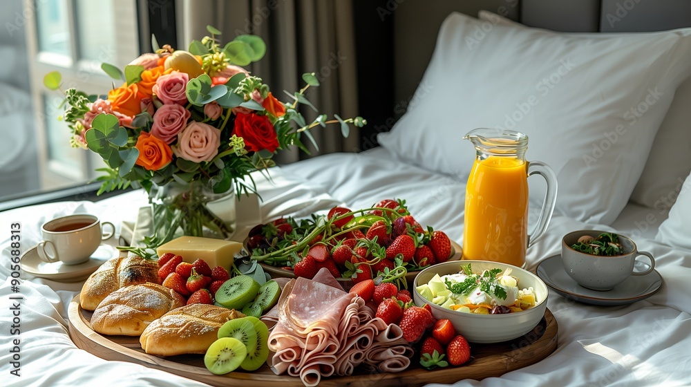 Luxurious Breakfast Spread Featuring Fresh Fruits and Flowers in a Cozy Bedroom Setting Luxurious Breakfast Spread Featuring Fresh Fruits and Flowers in a Cozy Bedroom Setting