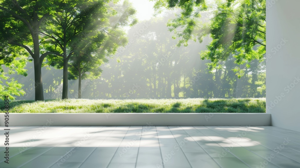 Minimal empty white room. daytime, View over a blurred green park. Minimal empty white room. daytime, View over a blurred green park.